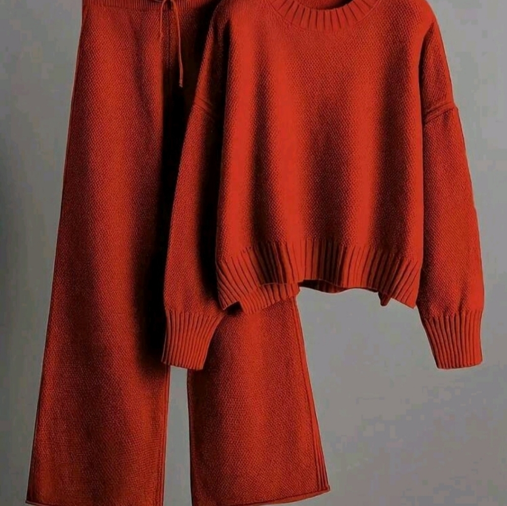 2 PC Pants & Sweater Suit Women Autumn Set Tracksuits Pullover Knit Size L Red